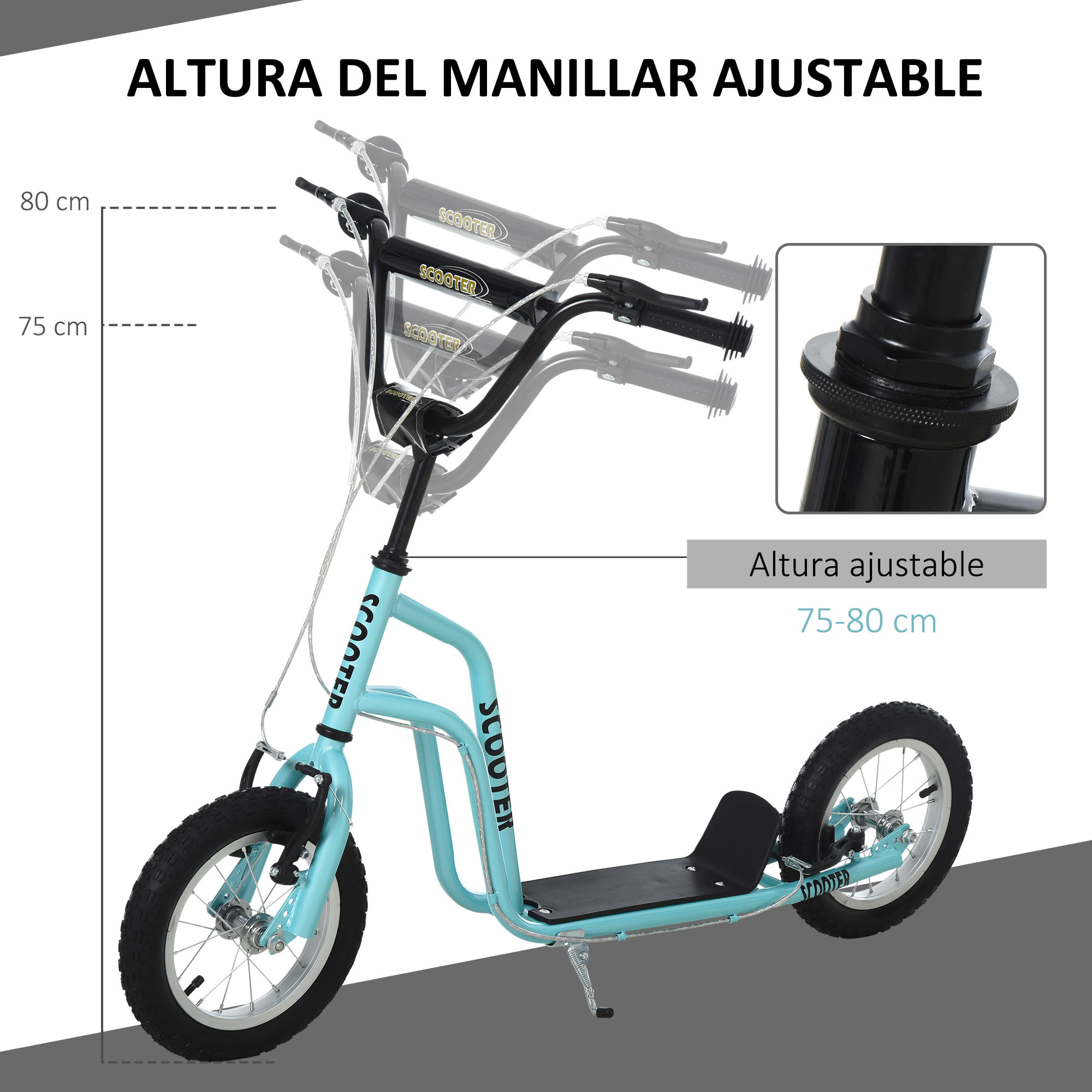 Patinete para Niños de +5 Años Patinete Infantil con Manillar Ajustable en Altura Doble Freno y Estructura de Acero Carga 100 kg para Adolescentes 120x58x75-80 cm Azul