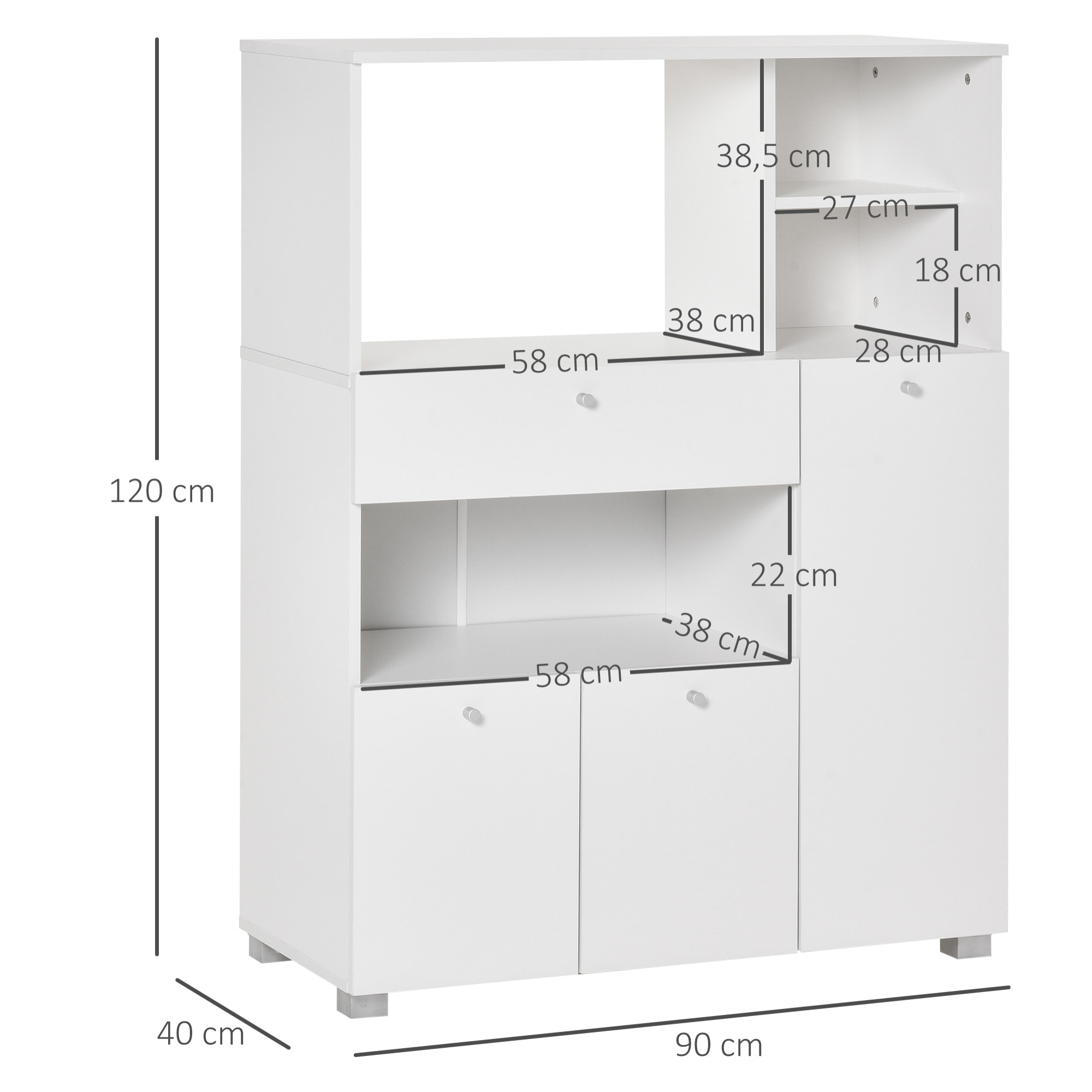 Meuble de cuisine multi-rangements 2 placards 4 niches tiroir coulissant dim. 90L x 40l x 120H cm panneaux particules blanc