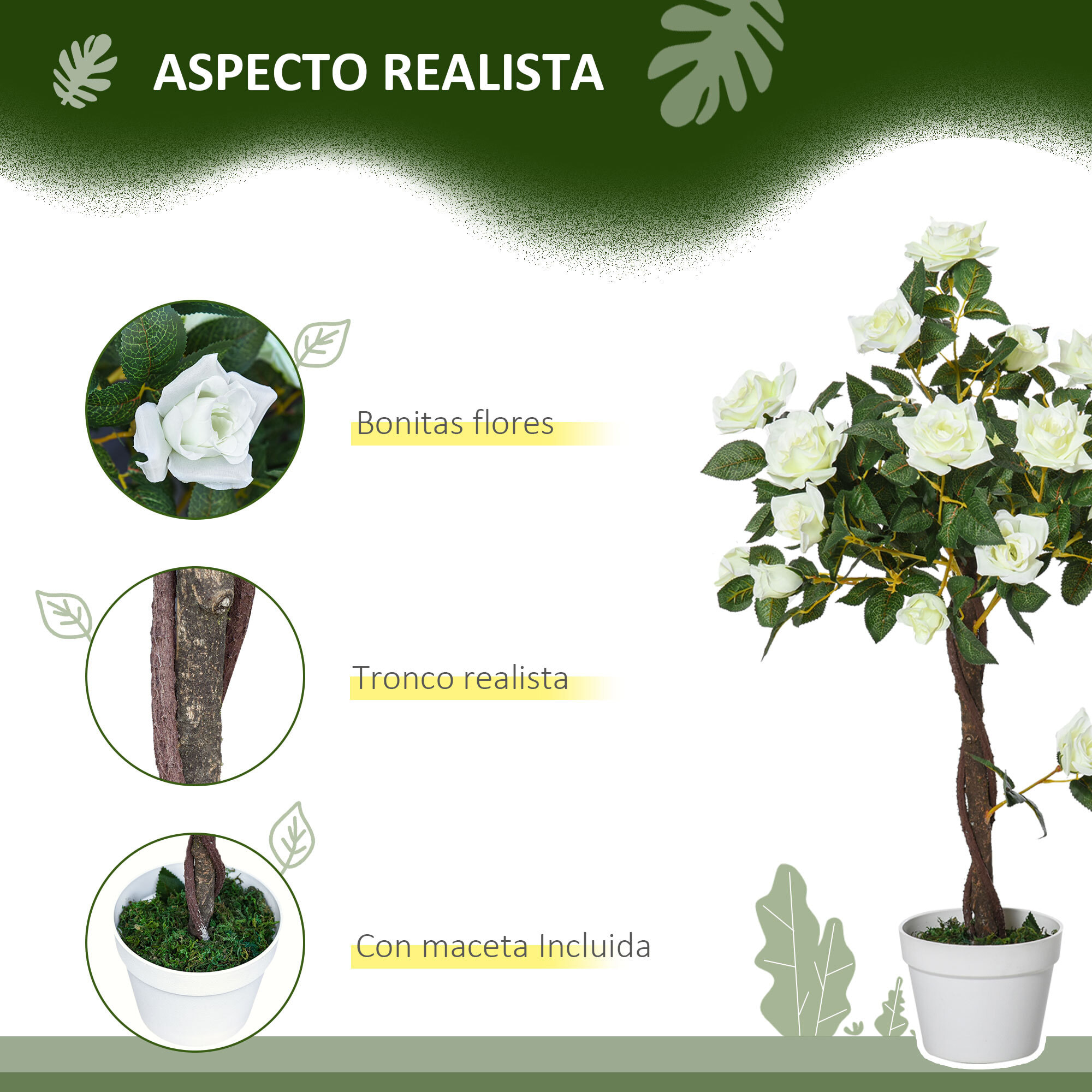 Juego de 2 Plantas Artificiales Rosas Artificiales con 21 Flores y Maceta de Cemento Plantas Sintéticas para Decoración Hogar Salón Oficina Verde y Blanco