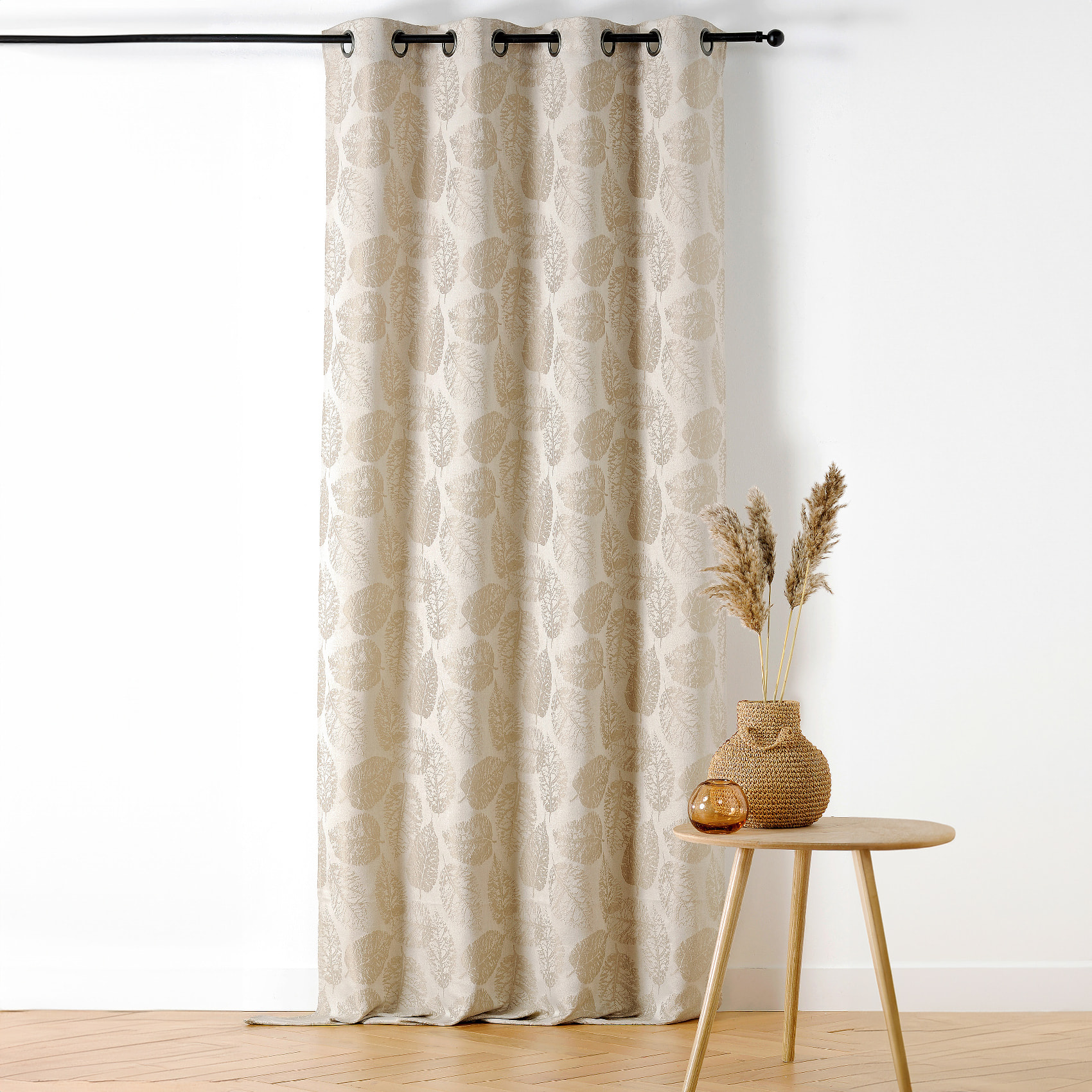 Rideau à Oeillets Motif Feuillage avec Relief - Marron Brun