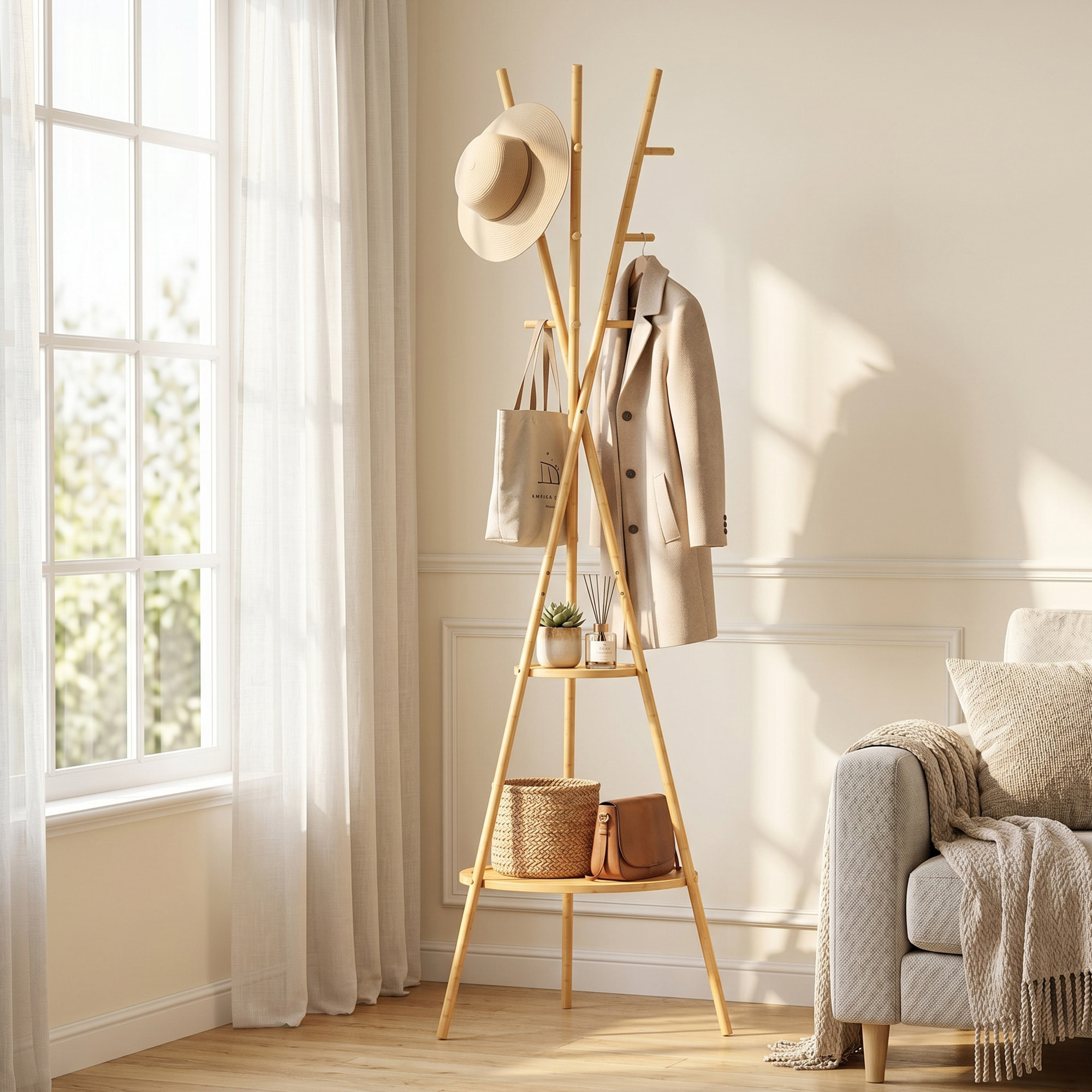 Perchero de Pie de Bambú, Perchero para Ropa con 2 Estantes y 9 Ganchos, Diseño Elegante, para Colgar Bolsas, Sombreros, en Pasillo, Entrada, Dormitorio, 58,5x58,5x176 cm, Natural