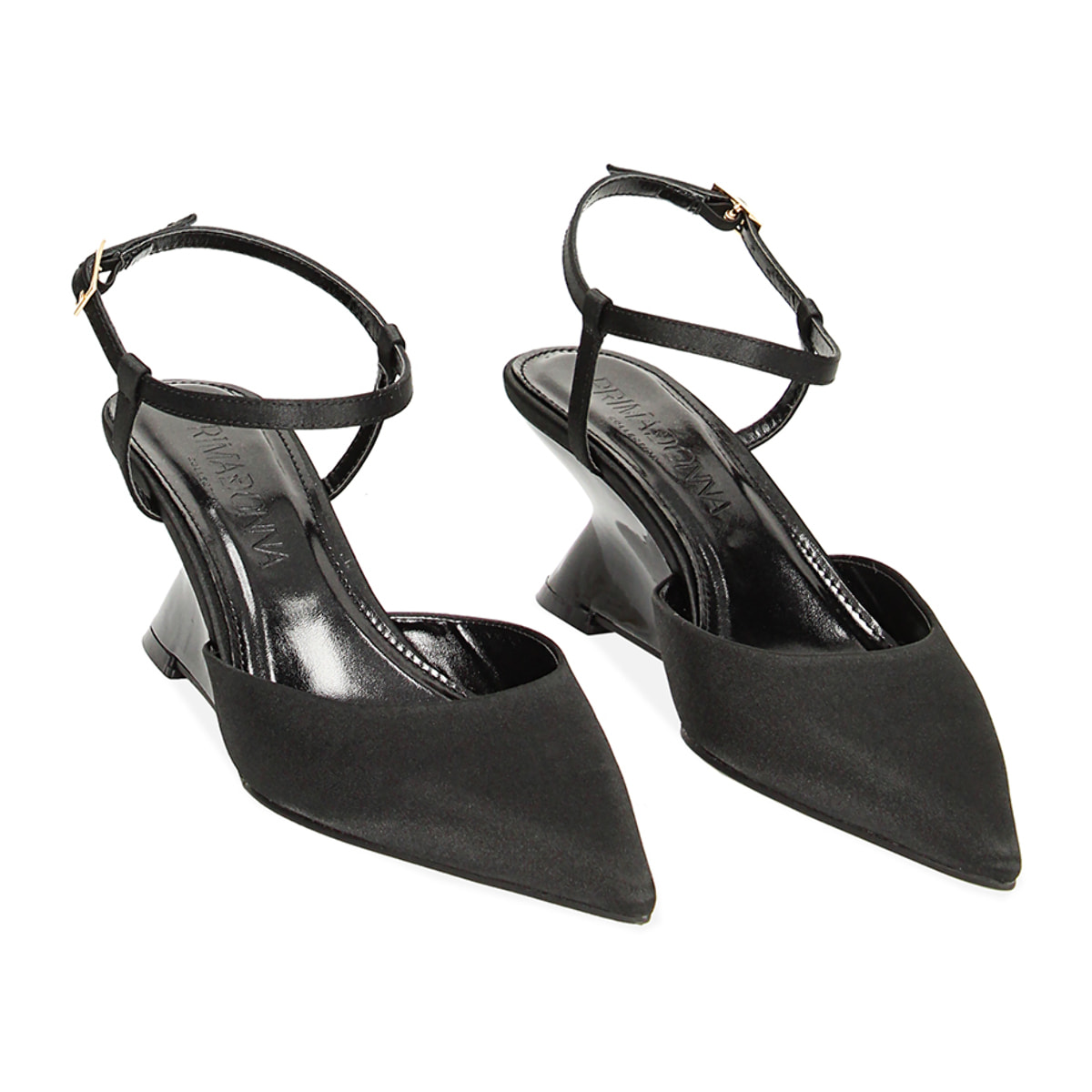 Décolleté slingback nere in raso, zeppa 6,1 cm