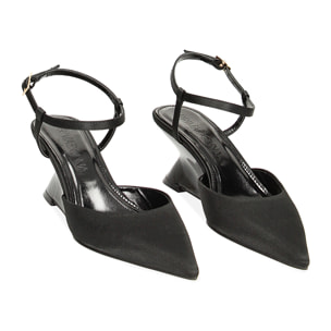 Décolleté slingback nere in raso, zeppa 6,1 cm