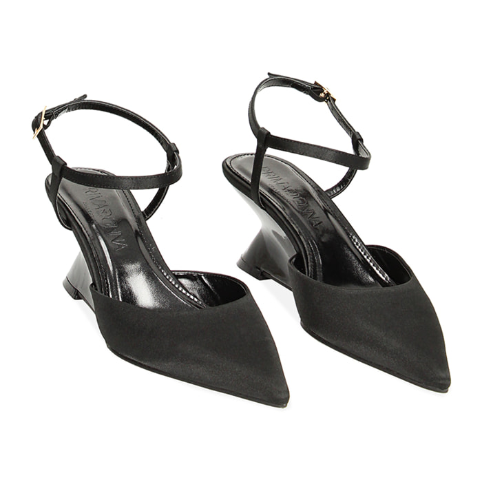 Décolleté slingback nere in raso, zeppa 6,1 cm
