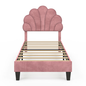 Lit simple Amalia tête de lit coquillage 90x190cm velours rose