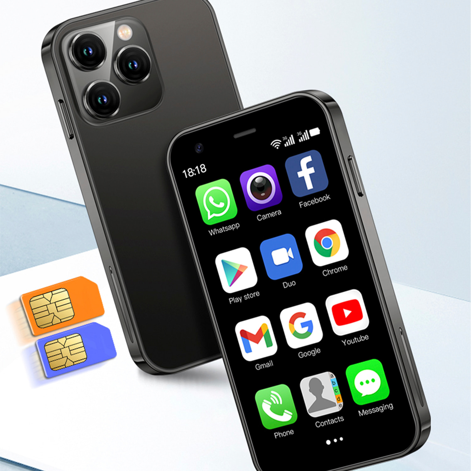 Mini smartphone XS15 3G, Android 8.1, 2 GB RAM + 16 GB. Schermo da 3''. Doppia scheda SIM.