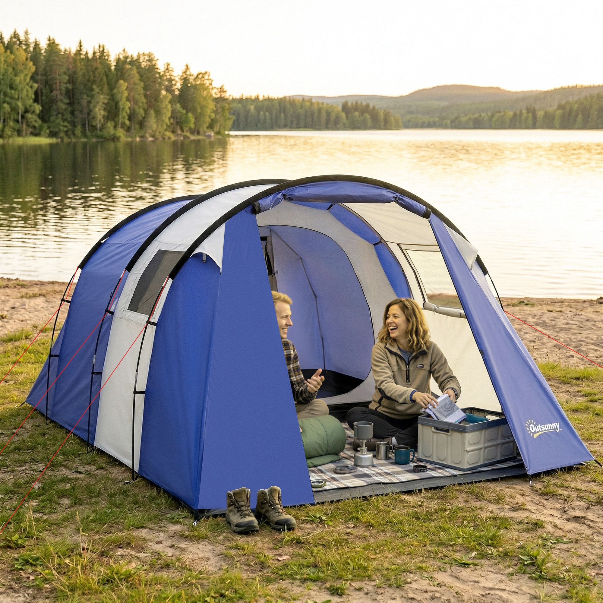 Tente de camping 4 pers. chambre + séjour imperméable 3000mm - 4,20x3x2m - bleu