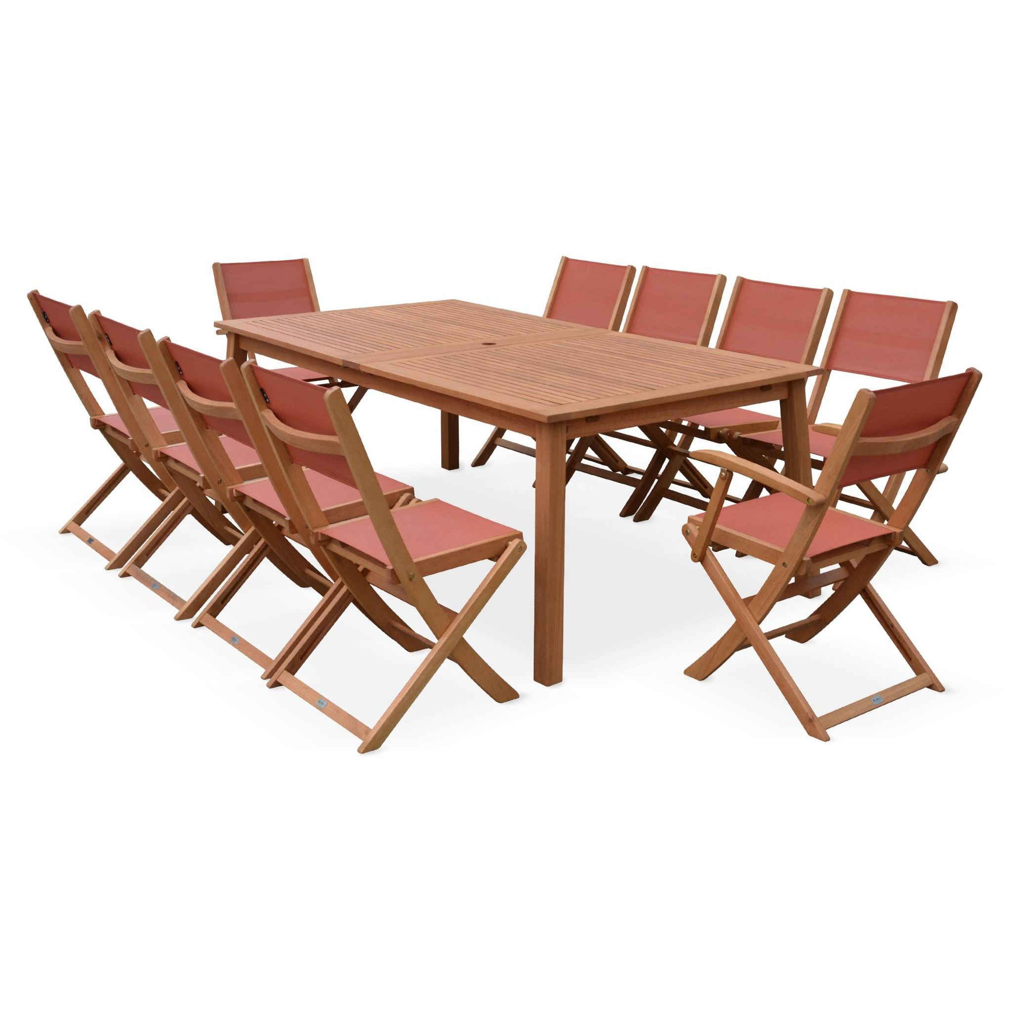 Salon de jardin en bois extensible - Almeria  table 200/250/300cm avec 2 rallonges. 2 fauteuils et 8 chaises. en bois d'Eucalyptus huilé et textilène terra cotta