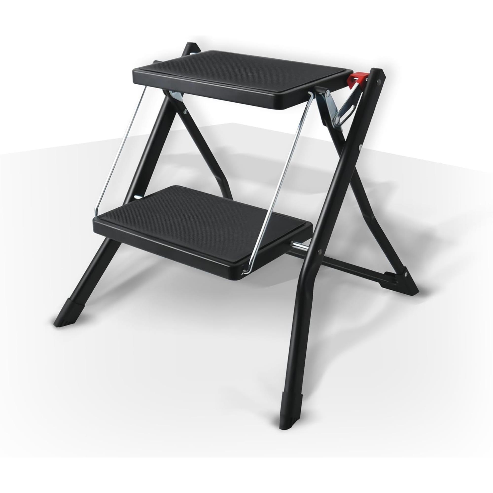 Escalera plegable de 2 Peldaños en acero de color negro, Antideslizante y ligera