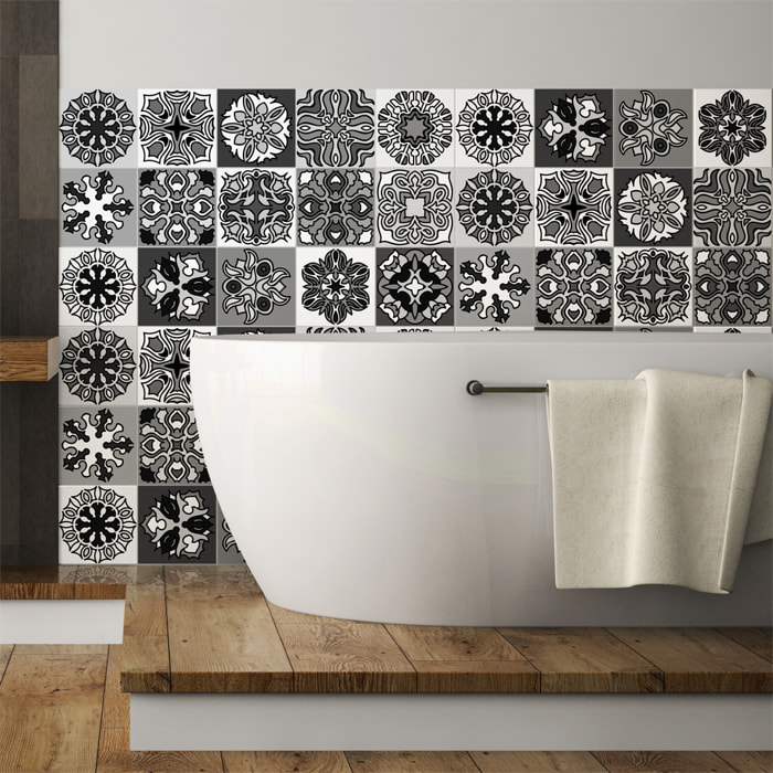 Stickers muraux - Sticker Mural Carrelage adhésif Cuisine Salle de Bain - 15 STICKERS CARRELAGES AZULEJOS NUANCES DE GRIS JAVA