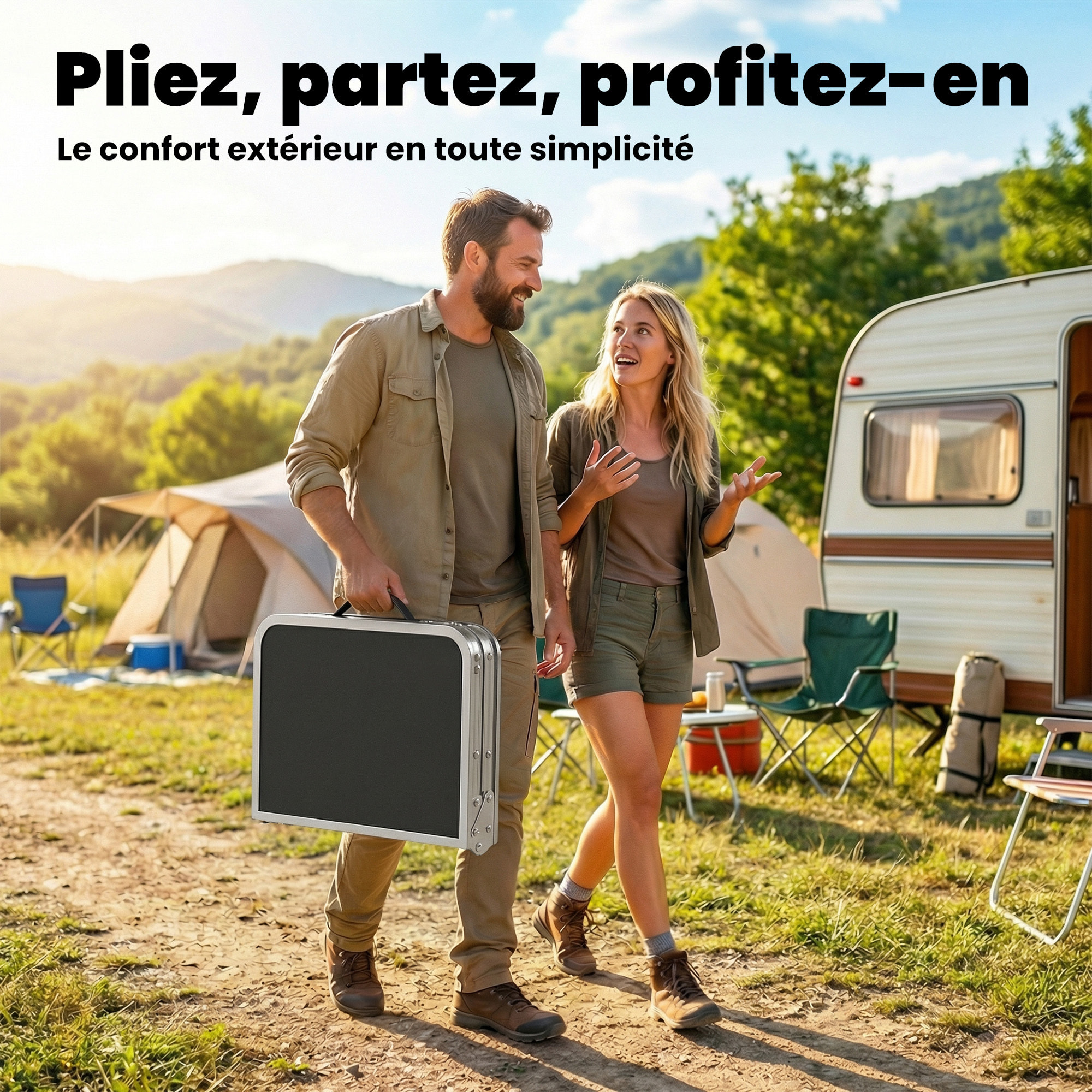 Table de camping pliable réglable alu noir avec rangement filet