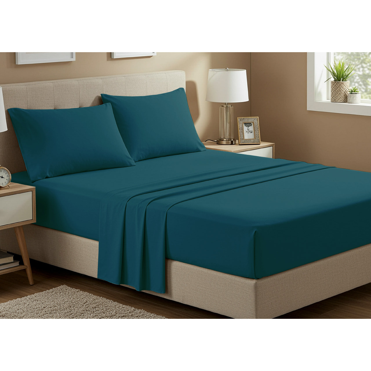 Completo Lenzuola No Stiro In Tinta Unita Con Angolo H.27 cm Colore Petrolio
