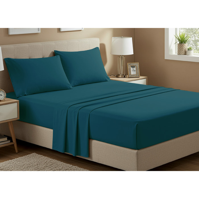 Completo Lenzuola No Stiro In Tinta Unita Con Angolo H.27 cm Colore Petrolio