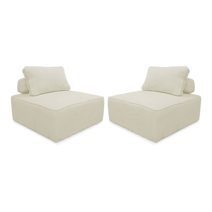 Lot de 2 chauffeuses  pour canapé modulable velours côtelé crème avec un coussin
