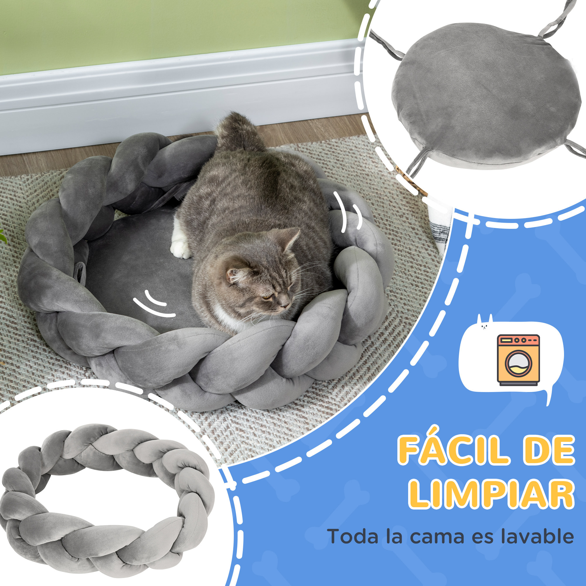 Cama para Perros Pequeños Antiestrés Cama para Gatos Lavable Cama para Mascotas Redondo con Cojín Independiente y Cuerda de Algodón 55x55x14 cm Gris