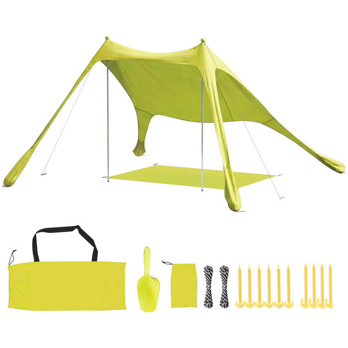 Carpa Playa Plegable 208x200 cm, Toldo Playa Portátil para 2-4 Personas con Esterilla, UPF50+, Postes de Aluminio, Pala, Estacas y Bolsa de Transporte Impermeable, para Camping, Pesca, Verde