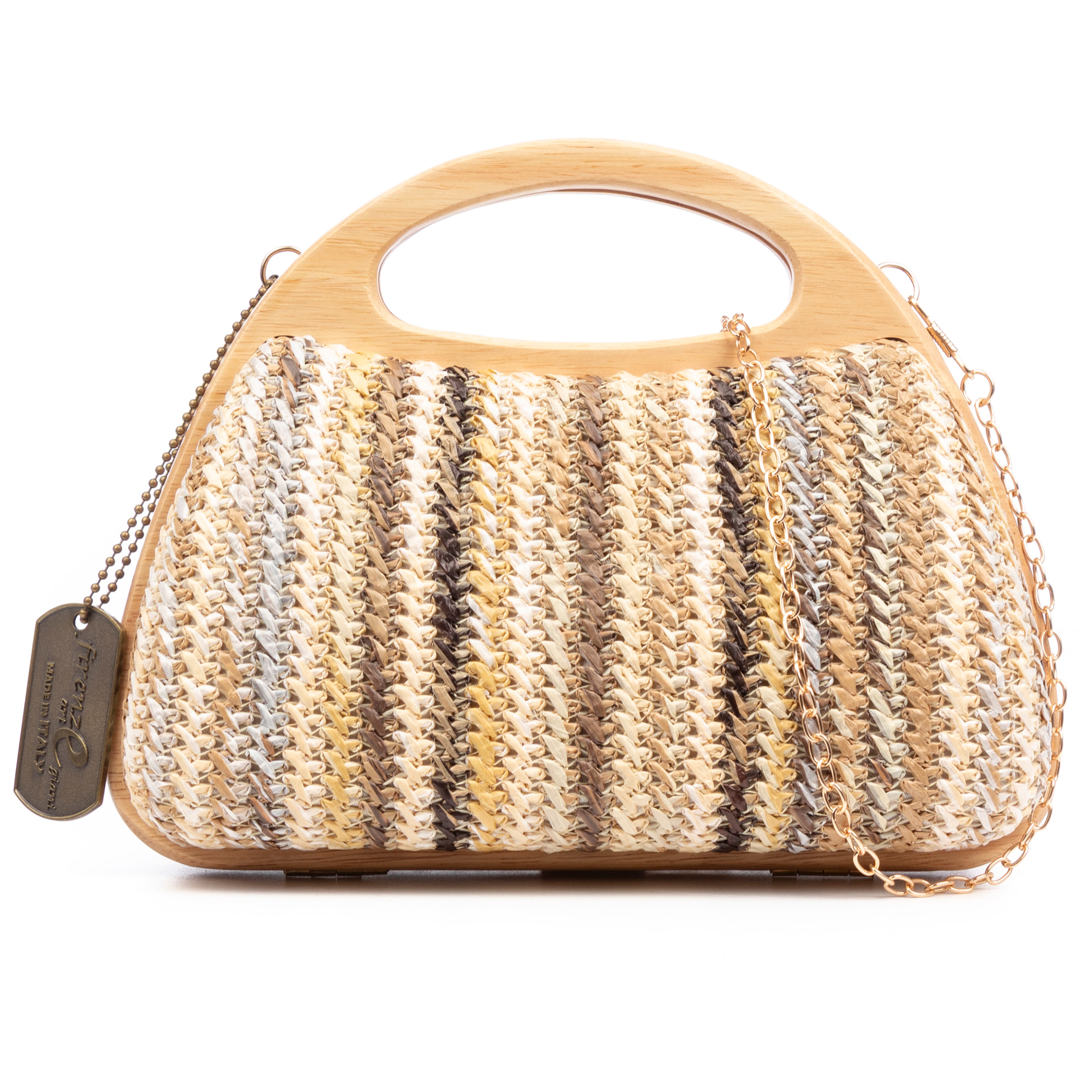 Bella Bolso bandolera Mujer. Fabricado en madera natural y paja trenzada.