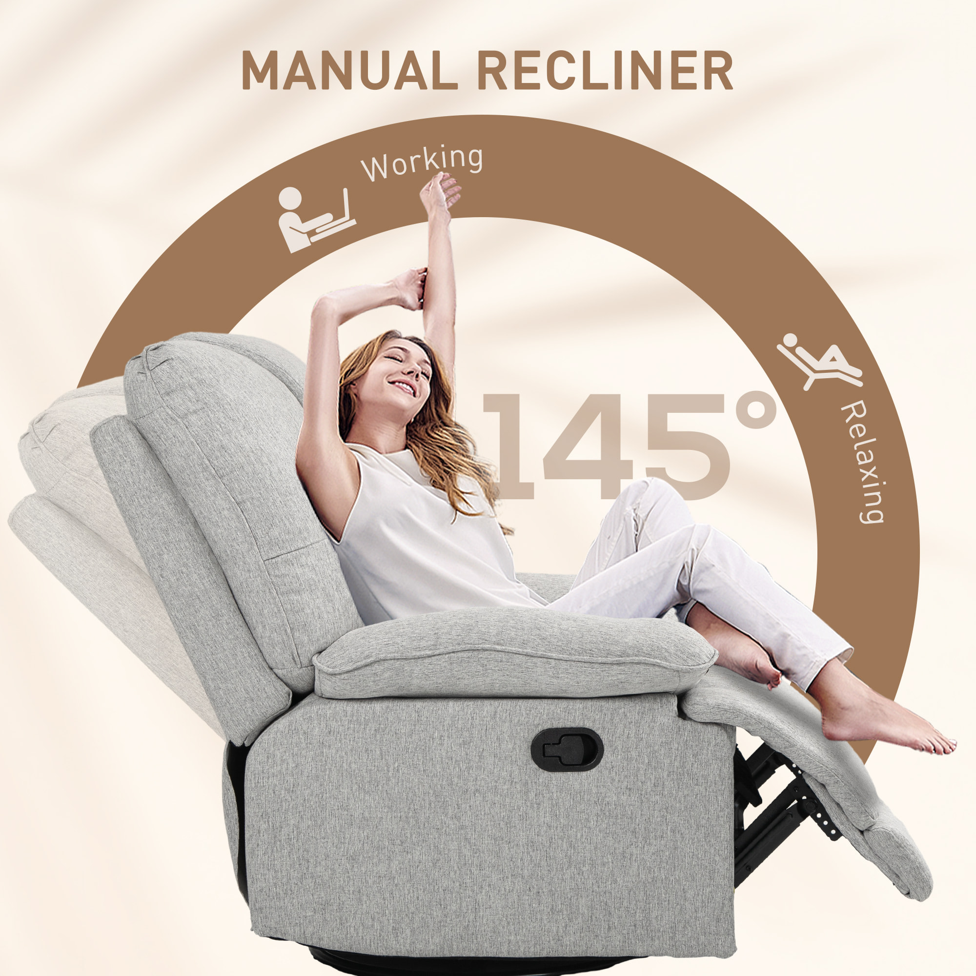 Fauteuil relax inclinable réglable repose-pied intégré tissu toucher lin gris clair