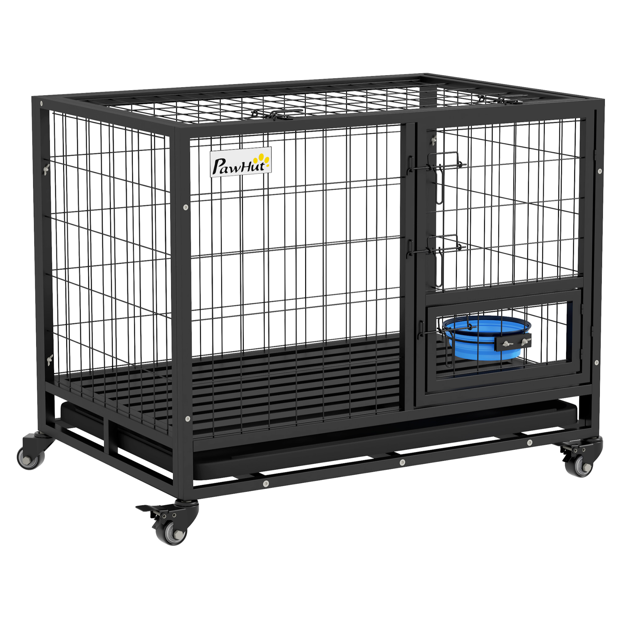 Cage pour chien sur roulettes 2 portes verrouillables - support gamelle, plateau amovible - acier noir