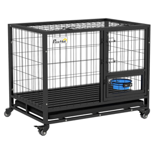 Cage pour chien sur roulettes 2 portes verrouillables - support gamelle, plateau amovible - acier noir