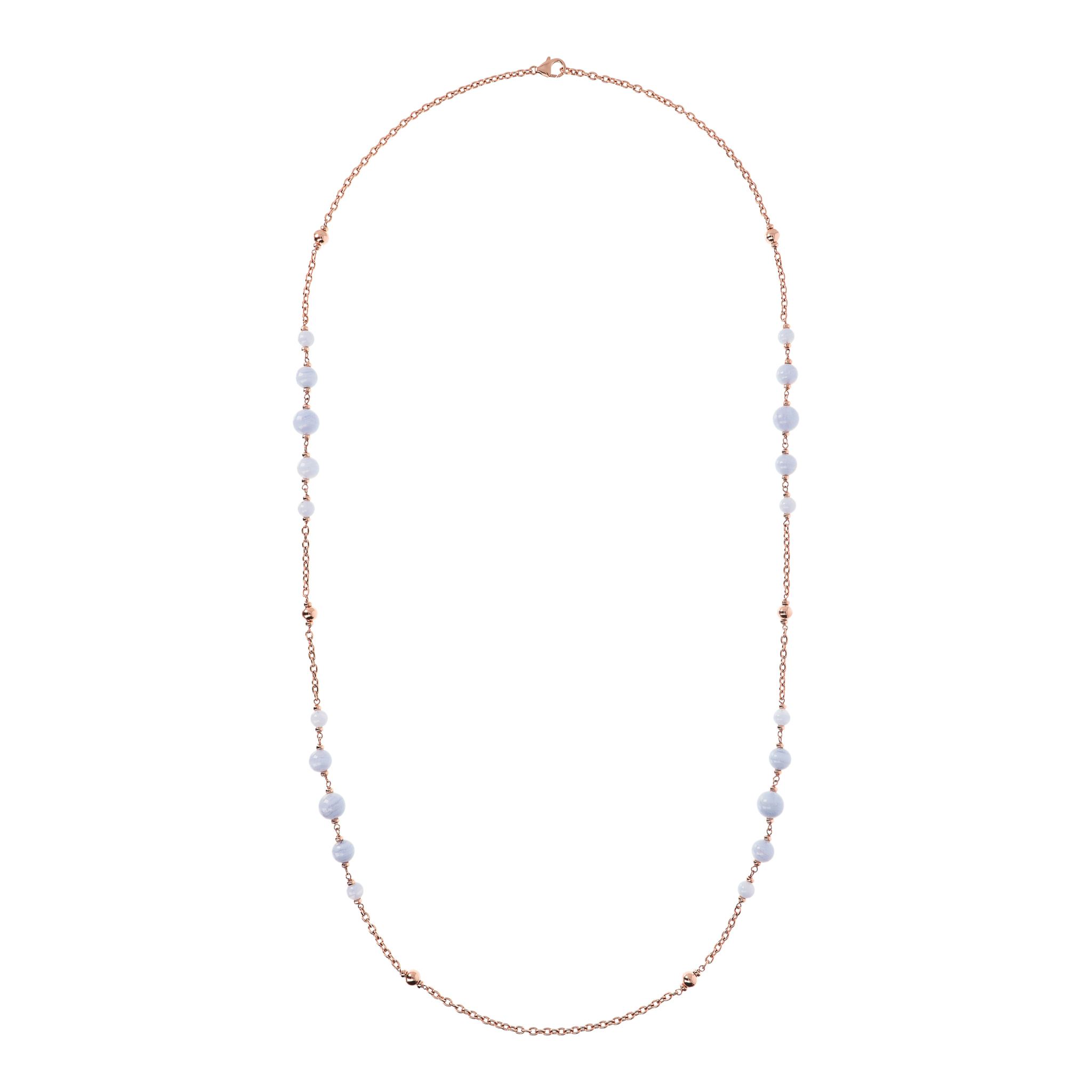 Collana Lunga con Bead Lucide e Sfere Graduate in Agata Celeste