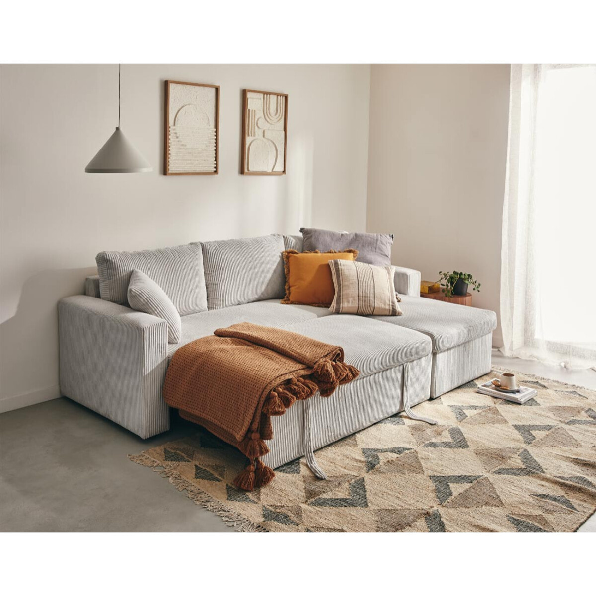 Cyrus - canapé d'angle réversible 4 places - convertible avec coffre - en velours côtelé - Gris clair