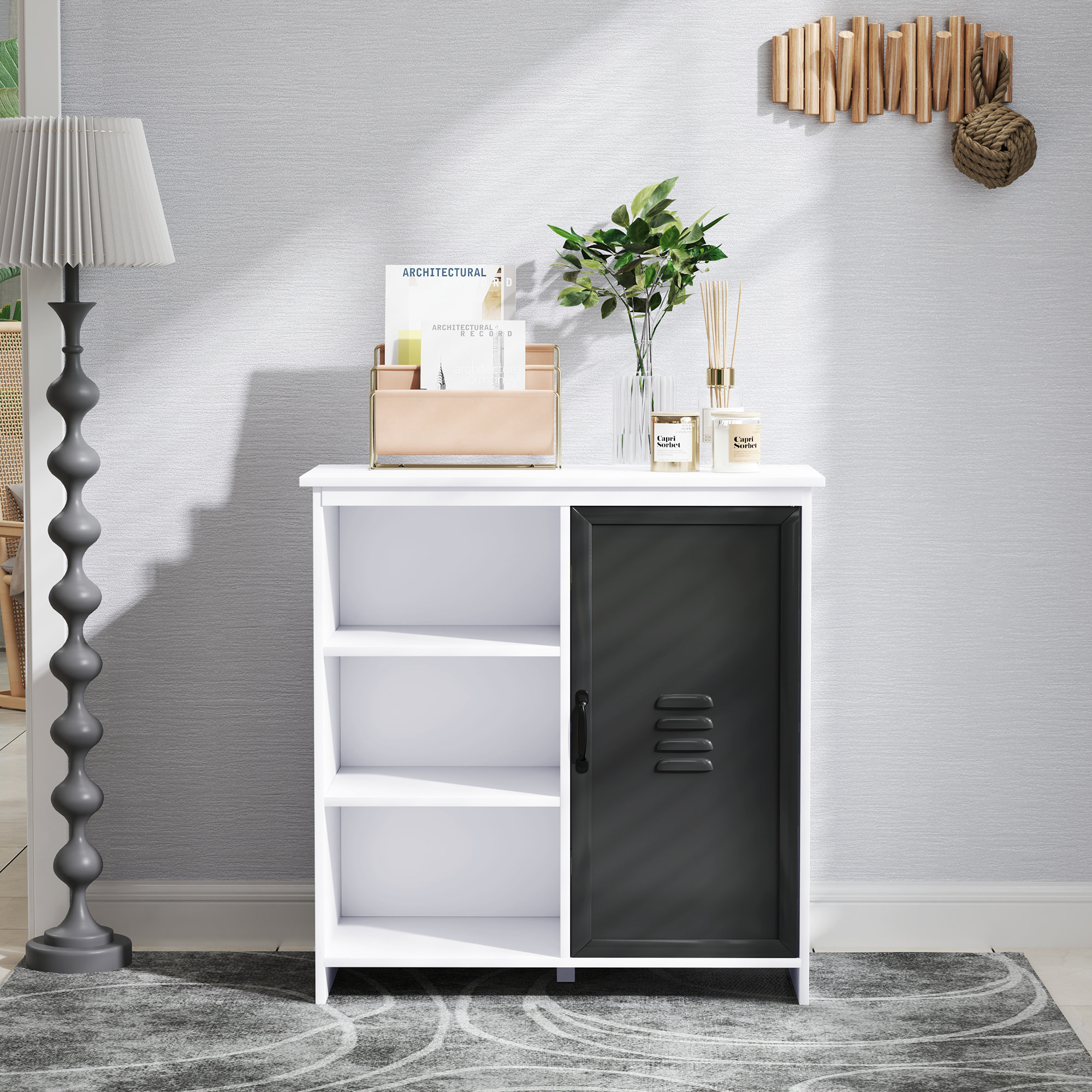 Buffet design industriel - meuble de rangement 3 niches placard - blanc métal gris