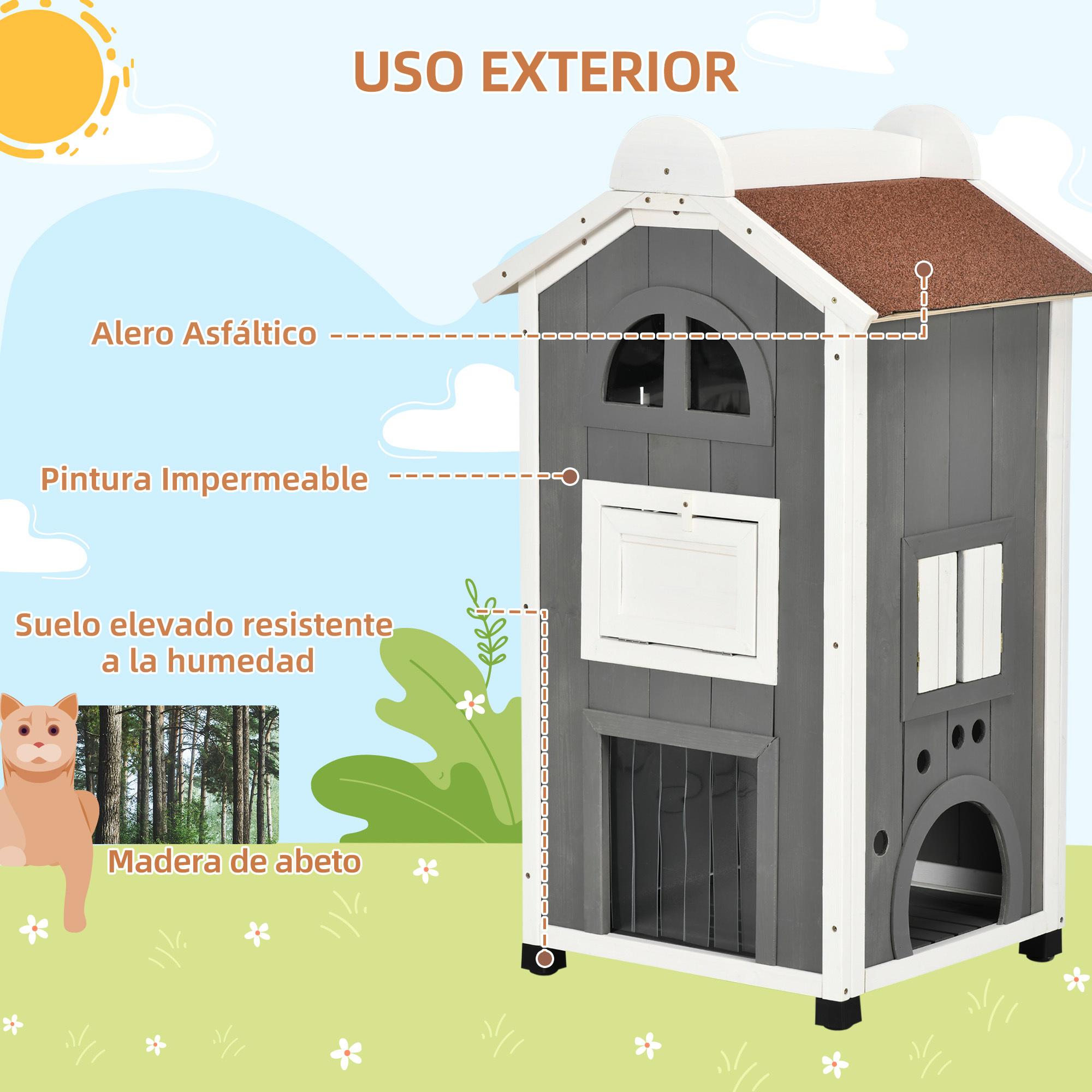 Casa para Gatos de Madera 59x55x109 cm Caseta para Gatos de 3 Niveles Refugio para Gatos con Techo Asfáltico Plataformas y Escalera para Exterior Gris