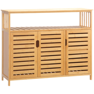 Buffet meuble de rangement bois bambou à lattes style naturel - 3 portes, 4 étagères