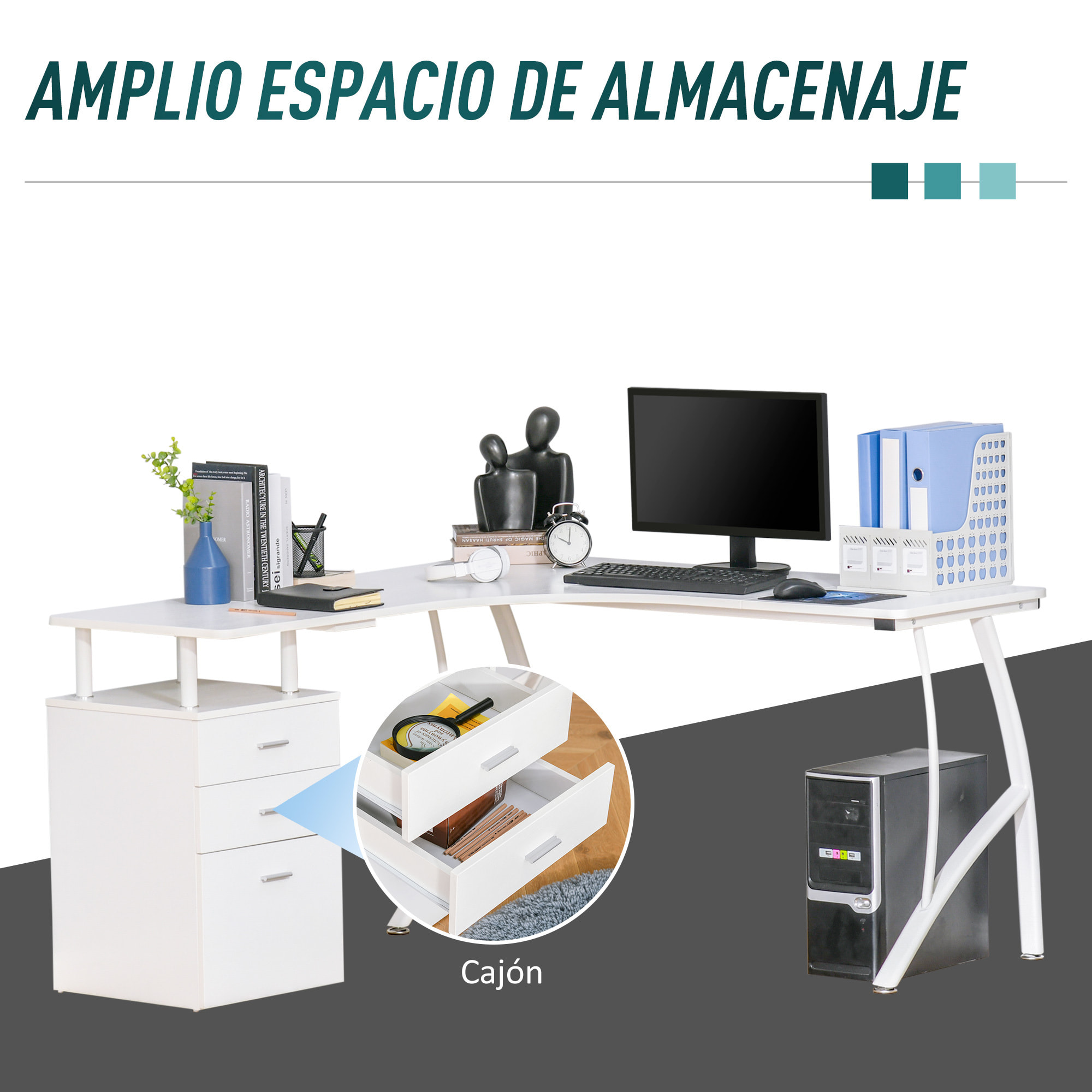 Escritorio Esquinero para Ordenador Escritorio en Forma de L con 3 Cajones Mesa Moderna para Oficina Estudio 143,5x143,5x76 cm Blanco