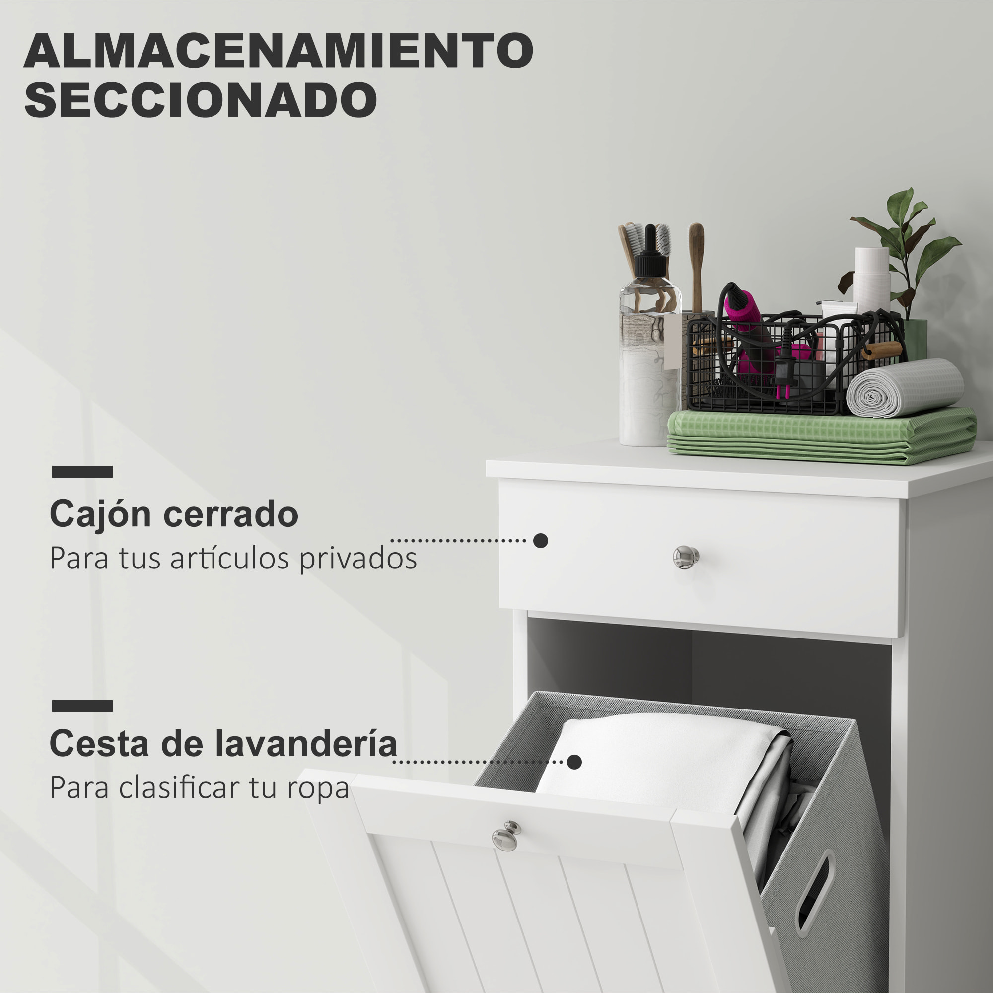 Armario de Baño con Cesto Ropa Sucia Abatible, Mueble Ropa Sucia con Bolsa de Tela Plegable y Cajón, Ideal para Lavandería, Blanco, 40x38x90 cm