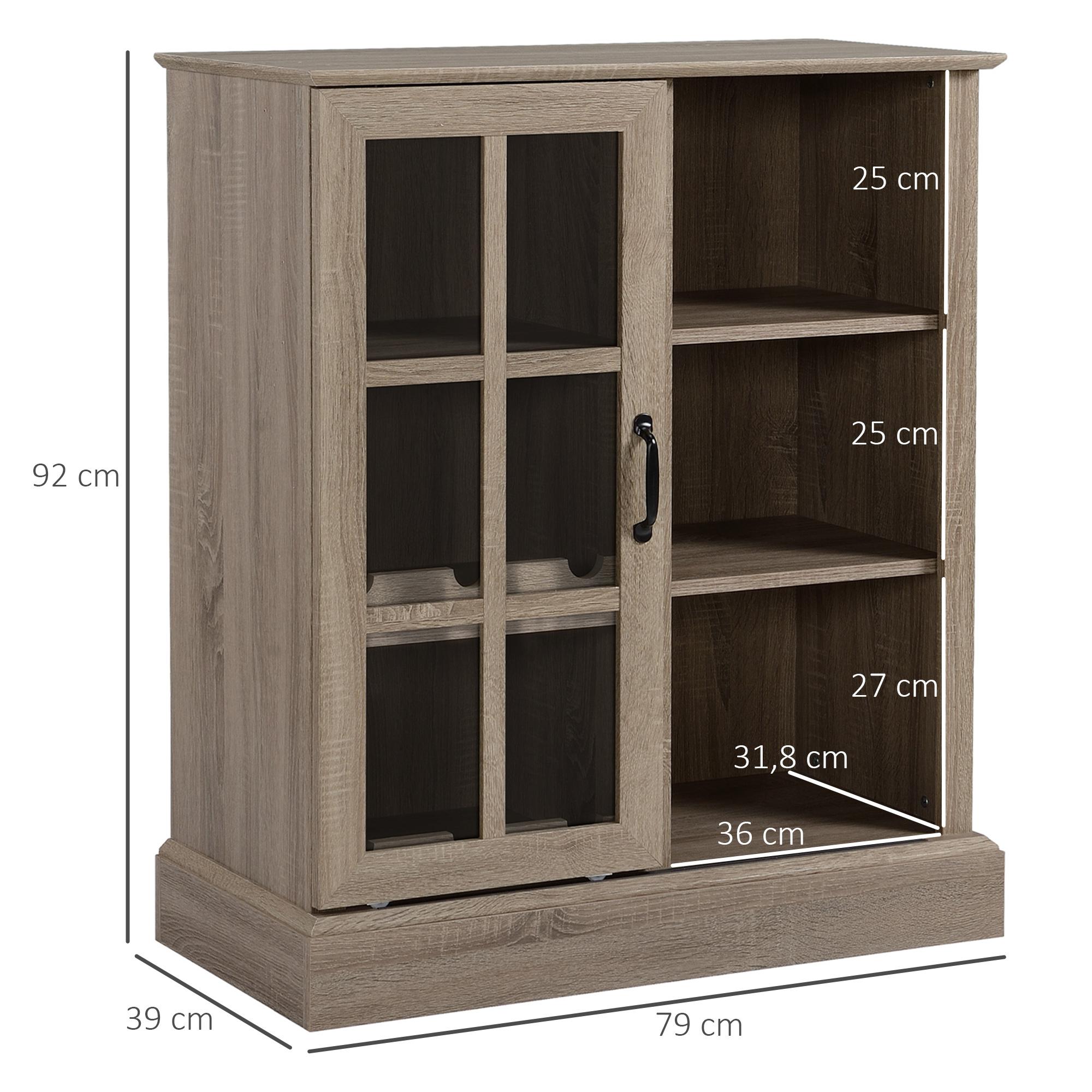 Aparador de Cocina Moderno con Puerta de Vidrio Soporte para 6 Copas Botellero para 6 Botellas y 3 Estantes Mueble Auxiliar de Almacenaje para Comedor Salón 79x39x92 cm Café