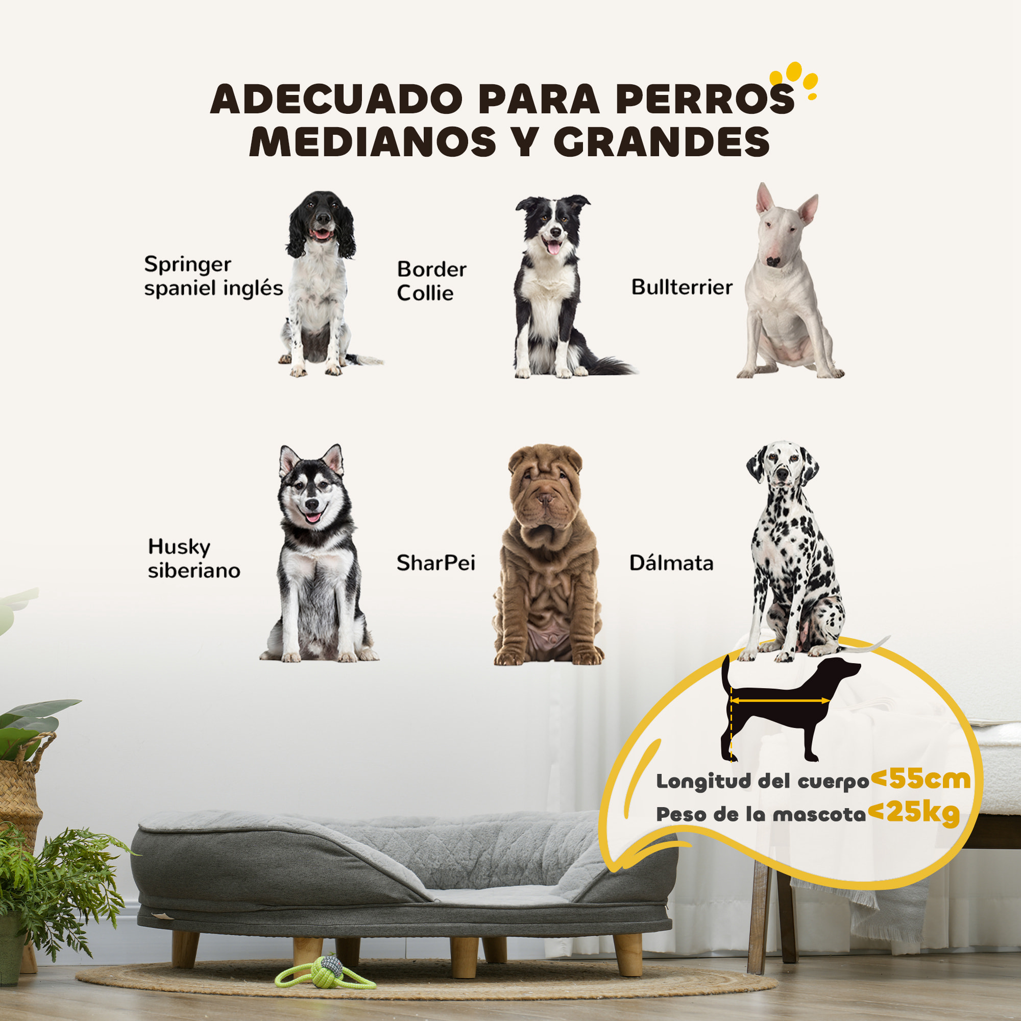 Sofá para Perros Medianos y Grandes Sofá para Mascotas con Parte Superior Desmontable Funda Lavable y Patas de Madera Carga 25 kg 90x78x25 cm Gris