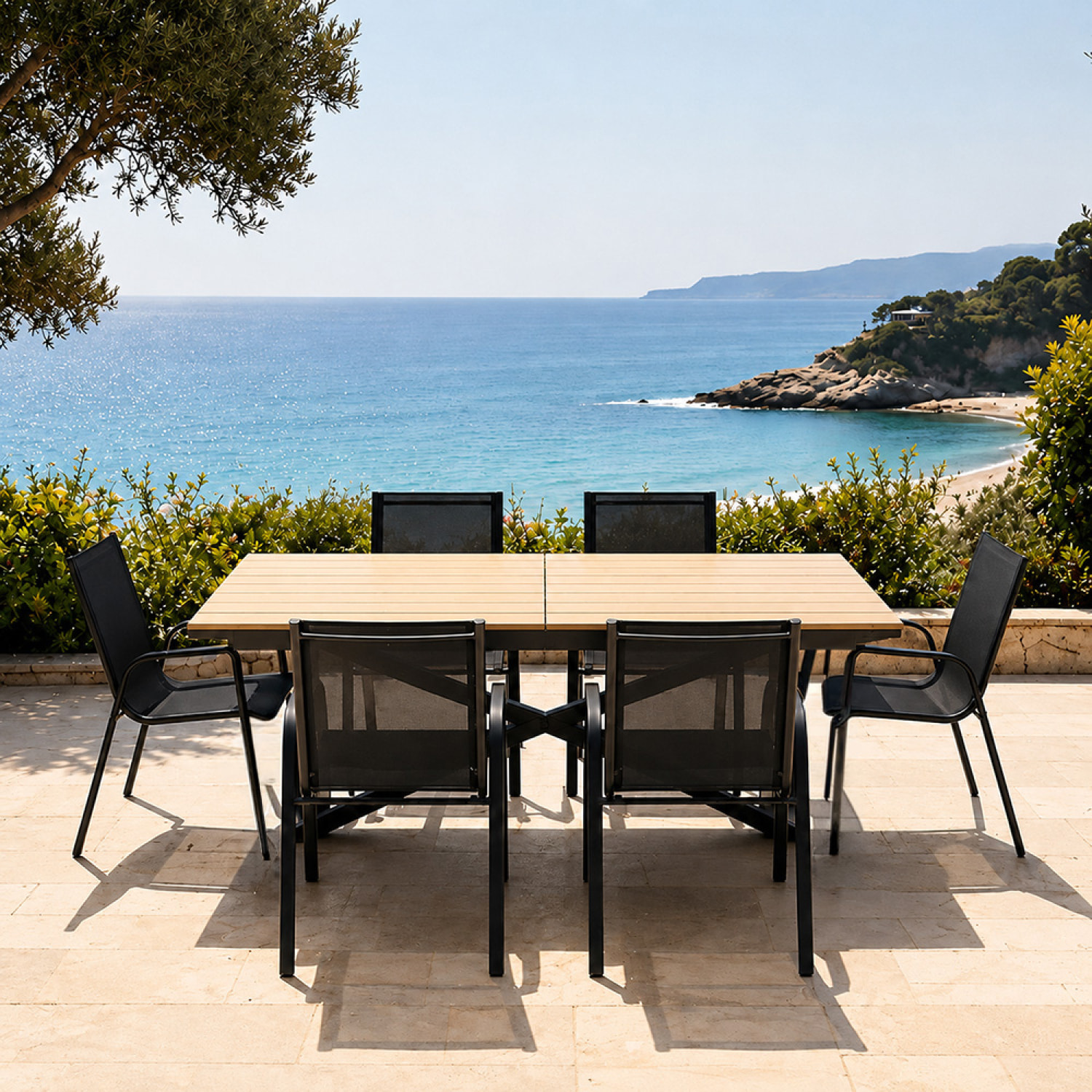 Ensemble de jardin table 190cm effet bois + 6 fauteuils SODRE