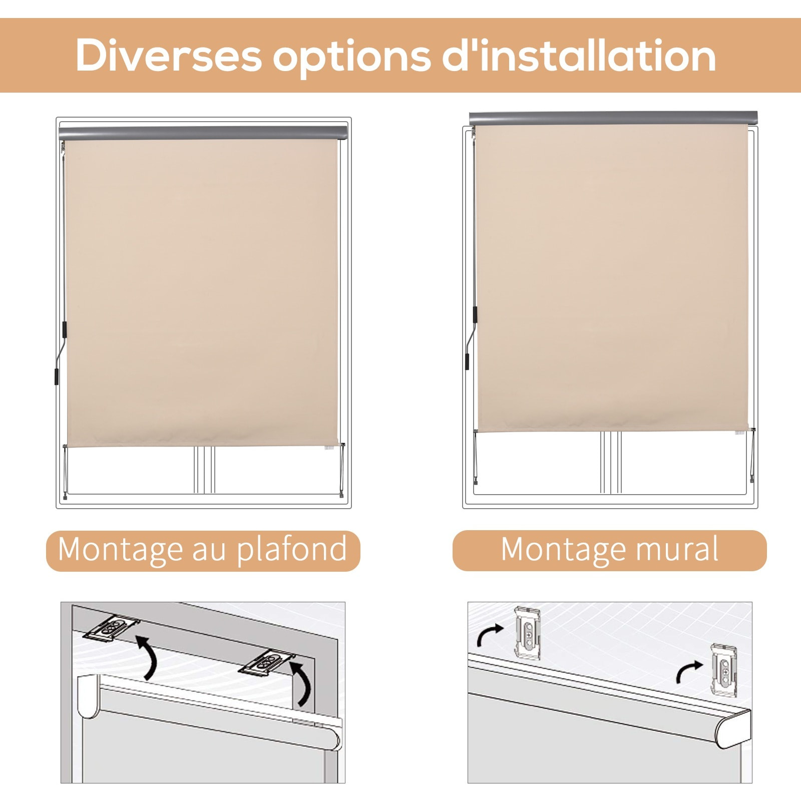Store extérieur enrouleur vertical 1,6L x 2,5H m - manivelle - alu polyester haute densité 280 g/m² anti-UV50+ beige