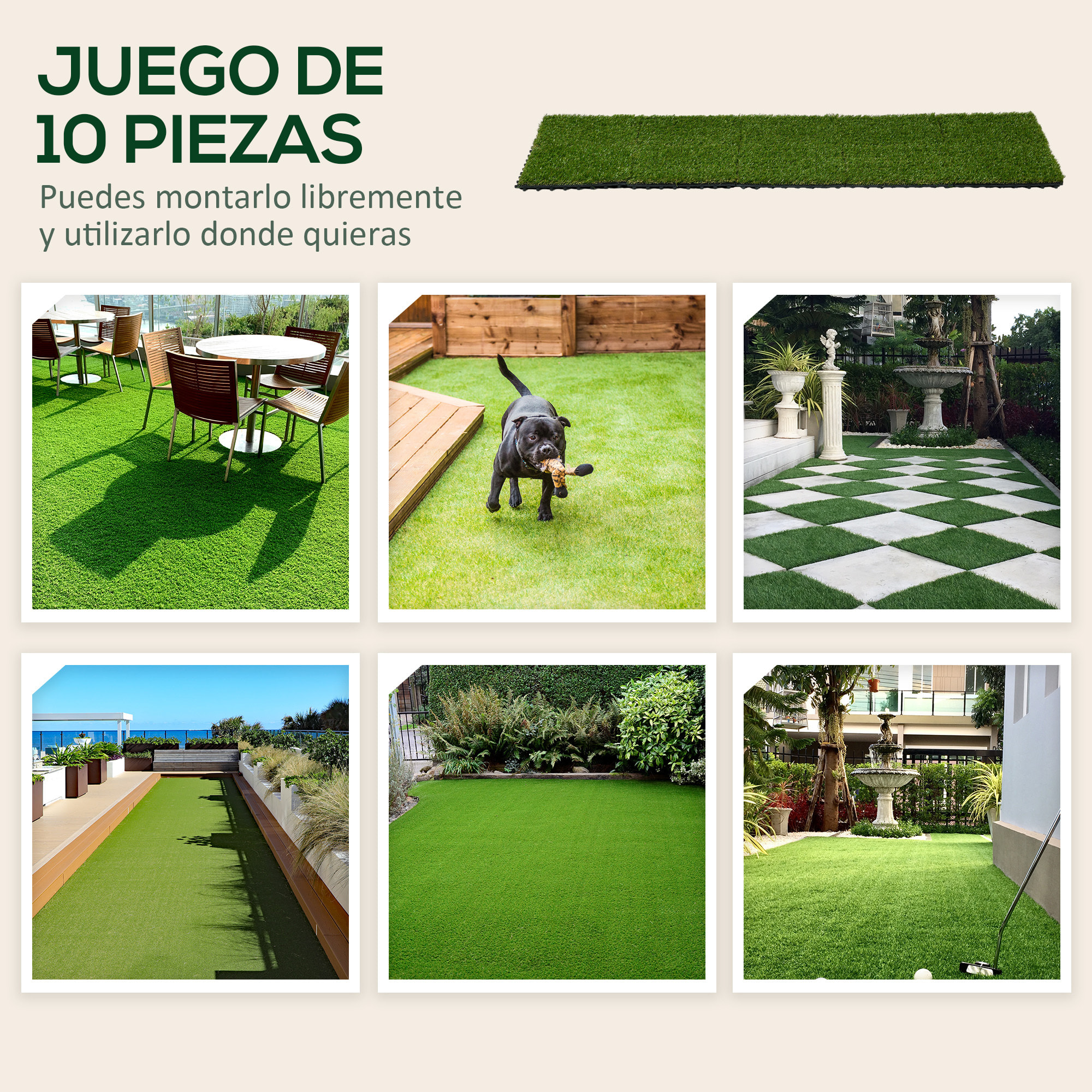 Césped Artificial de 10 Piezas Alfombra Césped Artificial 30x30 cm con Altura de Hierba 20 mm Anti-UV Césped Sintético para Jardín Patio Balcón Verde Oscuro