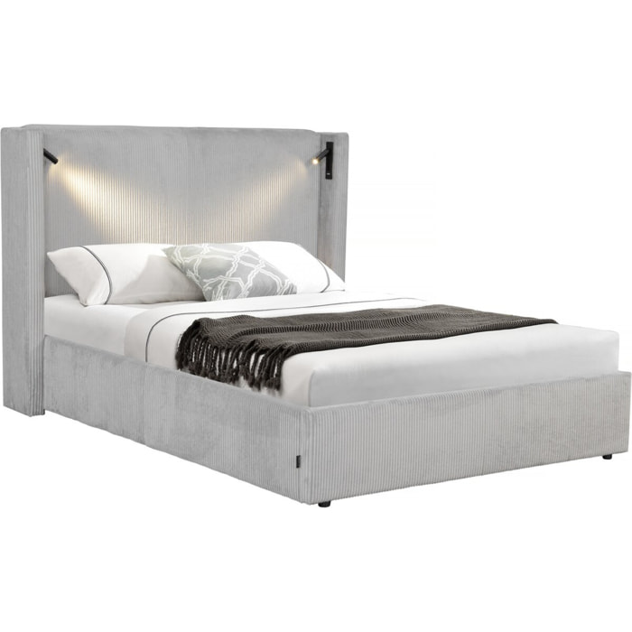 Lit double en velours côtelé avec coffre et lampe intégré "Cortina" - 160 x 200 cm - Gris