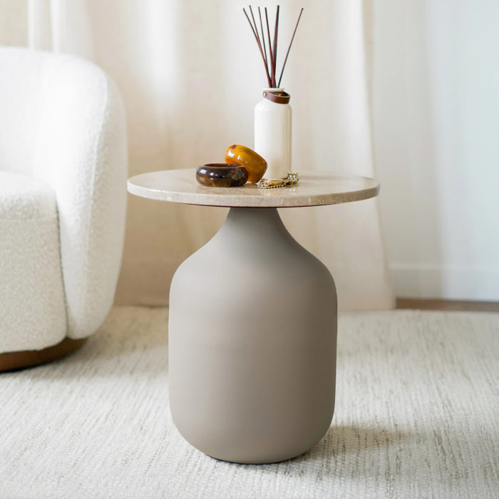 Table d'appoint ronde en travertin et métal greige D45 cm - Louison