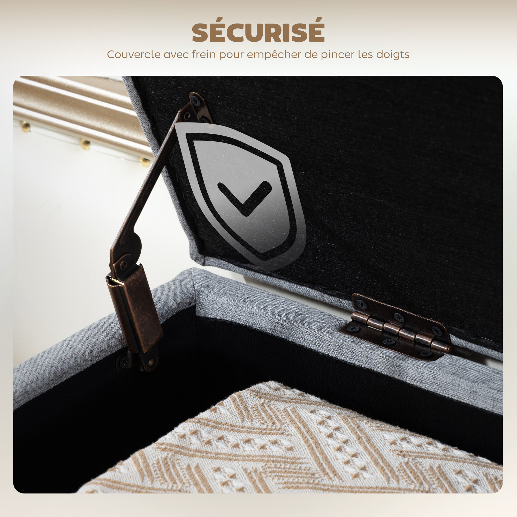 Banquette coffre de rangement 2 en 1 style scandinave dim. 110L x 39l x 45H cm tissu gris