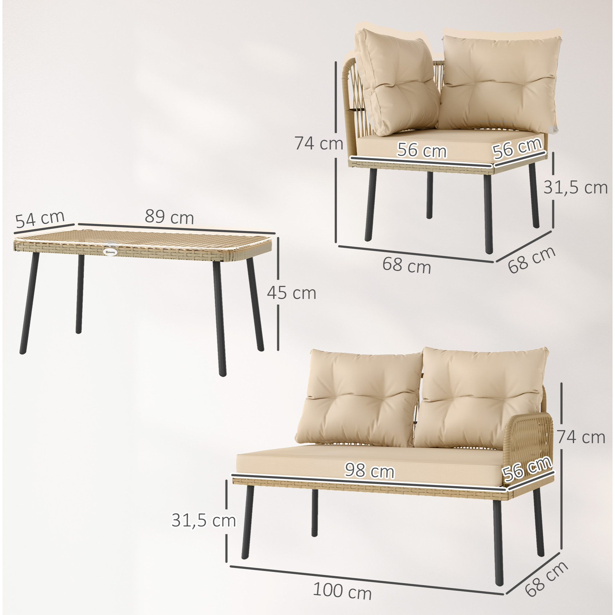 Ensemble salon de jardin d'angle 5 places avec table basse et coussins beige résine tressée effet rotin