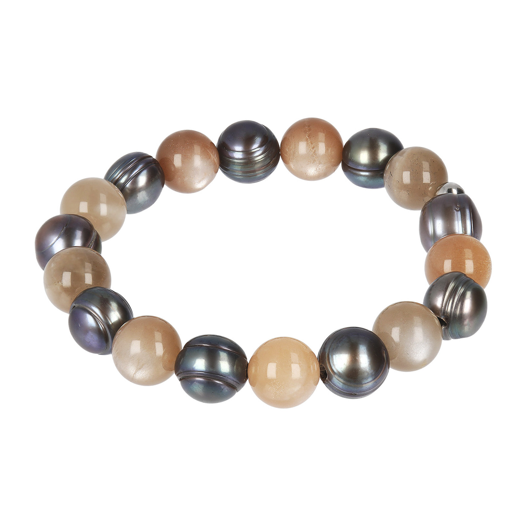 PERLAVIVA - Bracciale Elastico con Pietra di Luna e Perle d'Acqua Dolce Grigie Ø 9.5/10.5 mm