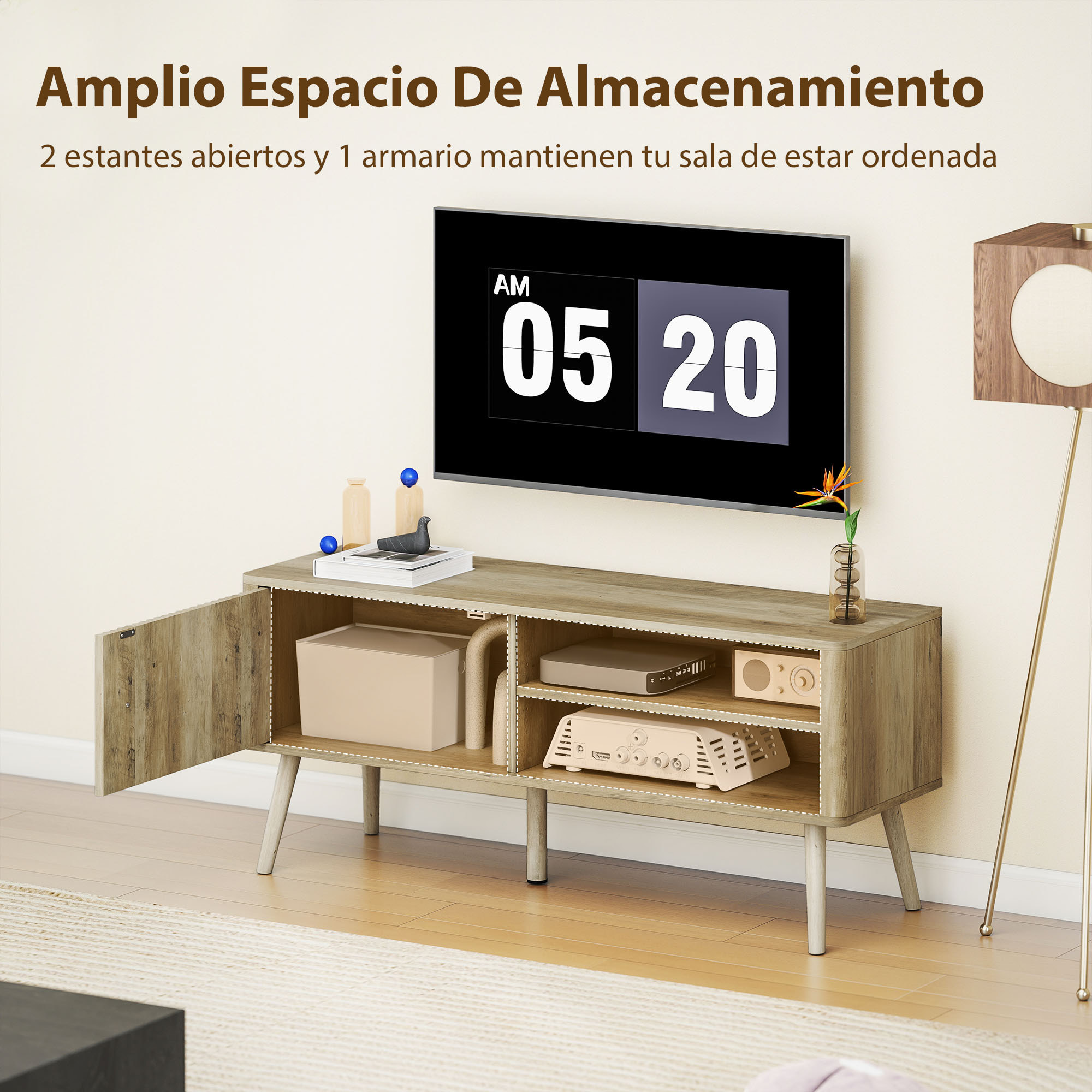 Mueble de TV, Mesa de TV 115 cm, Mueble para Televisión hasta 55 Pulgadas, con Puerta Acanalada, Estante Ajustable, Compartimentos Abiertos y Orificio para Cables, para Salón, Comedor, Roble