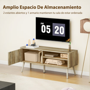 Mueble de TV, Mesa de TV 115 cm, Mueble para Televisión hasta 55 Pulgadas, con Puerta Acanalada, Estante Ajustable, Compartimentos Abiertos y Orificio para Cables, para Salón, Comedor, Roble