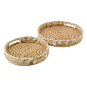 J-Line Plateau décoratif Paille - roseau/rotin/bambou - naturel/blanc - set de 2