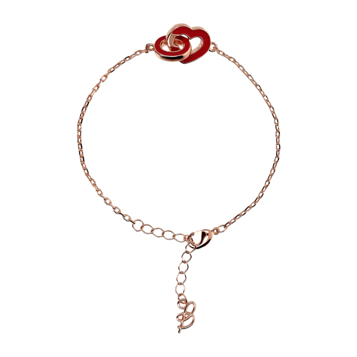 Bracciale Catena Forzatina con Doppio Pendente Smaltato Cuore e Maglia Ovale Rosso