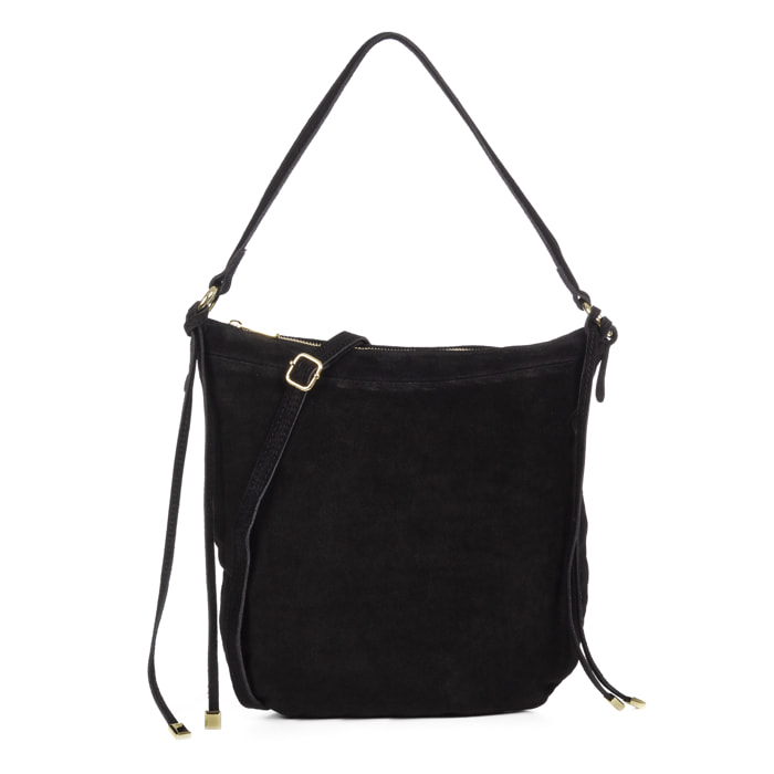 FIRENZE ARTEGIANI Borsa a Spalla da Donna Acquacanina. Vera Pelle Scamosciata Made in Italy 33x4,5x35 Cm. Colore nero