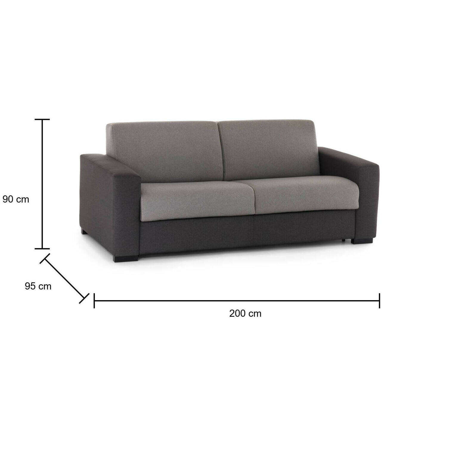 Divano Letto Alexis, Divano a 2 posti Large, 100% Made in Italy, Sofà Soggiorno con apertura girevole, in tessuto imbottito, con Braccioli standard, Cm 200x95h90, Grigio e Antracite