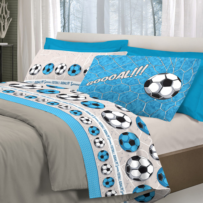 Completo letto calcio azzurro 100% cotone