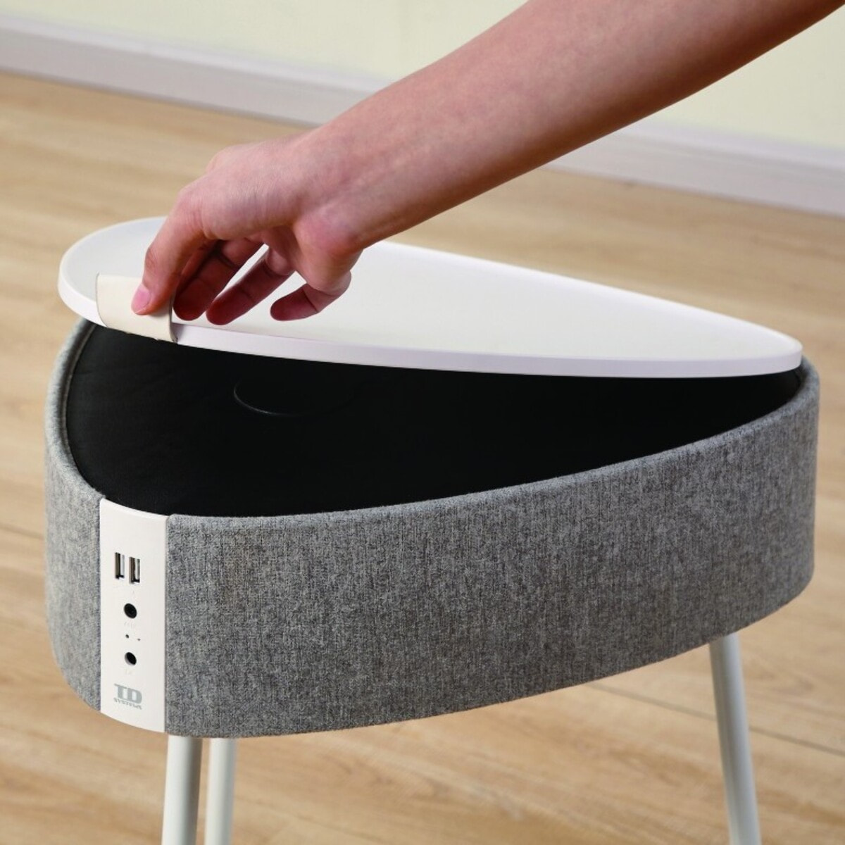 Mesa auxiliar altavoz portátil con sonido de 20W, Bluetooth, Base de carga inalámbrica, batería de 2500mAh. Mesilla o mesita para dormitorio o sala de estar - TD Systems SM20B11P