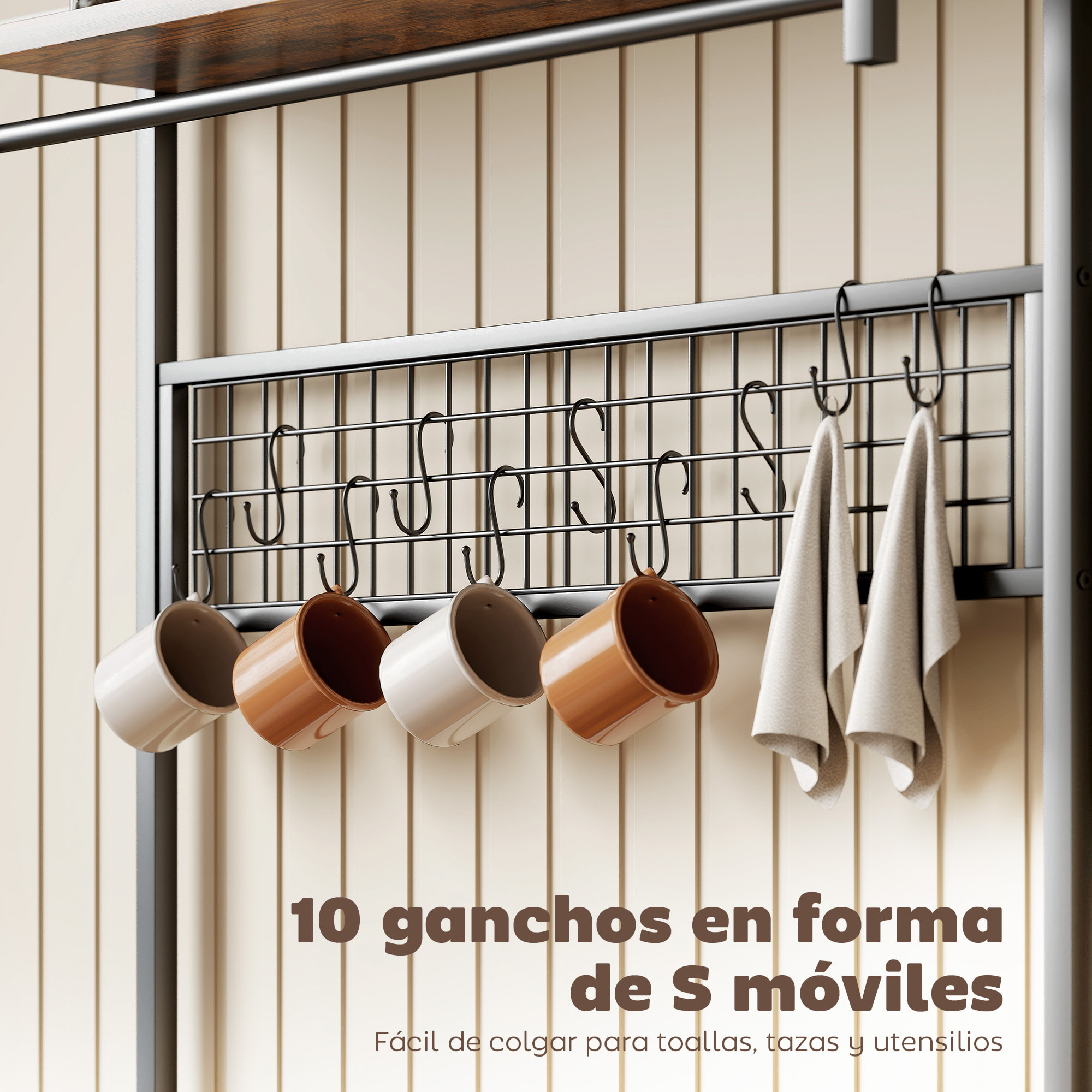 Estantería de Cocina con Tres Enchufes y Luces LED, Estantería de Panadería Industrial con Estantes para Microondas, Cesta de Malla Metálica, Ganchos, Barra 80x42x162 cm, Marrón Rústico y Negro